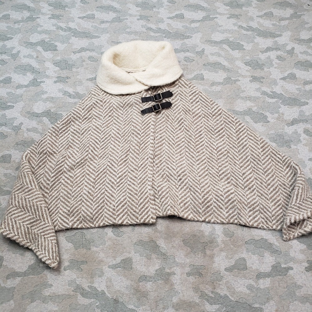 Aran Sweater Market Womens Brown Wool Poncho Buckle Shawl Collar